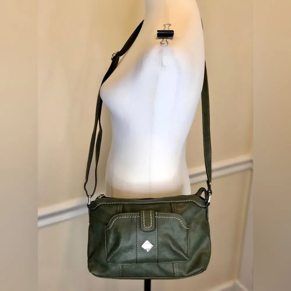BOC Dark Olive Green Crossbody Adjustable Strap Silver Hardware Zipper Pockets